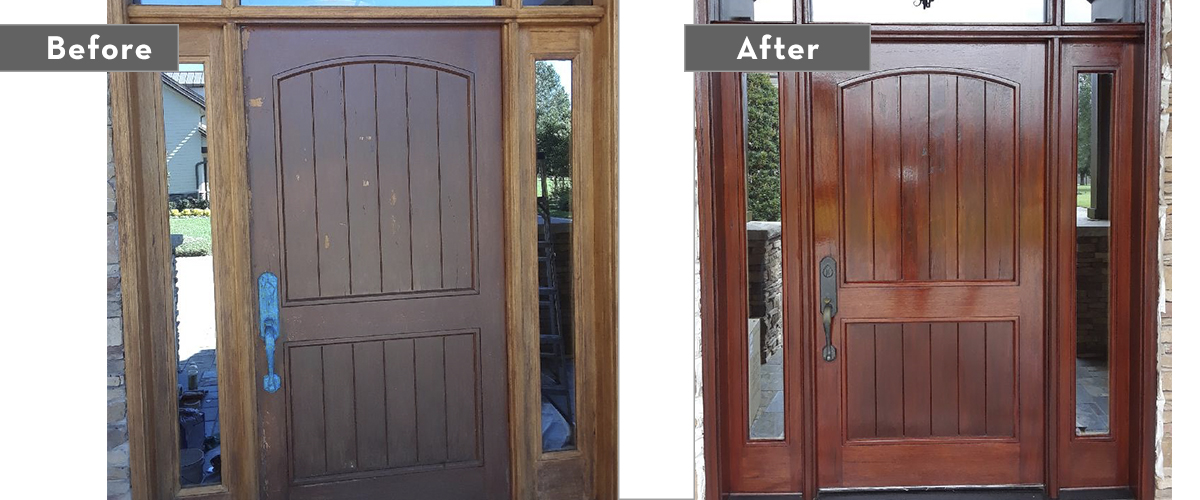 Restored wooden door with protective clear coat and hardware